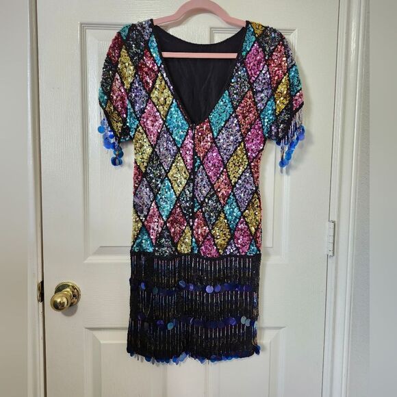 Vintage 80s Colorful Sequins Diamond Argyle Tassel Fringe Midi Dress Fla… - Picture 8 of 13